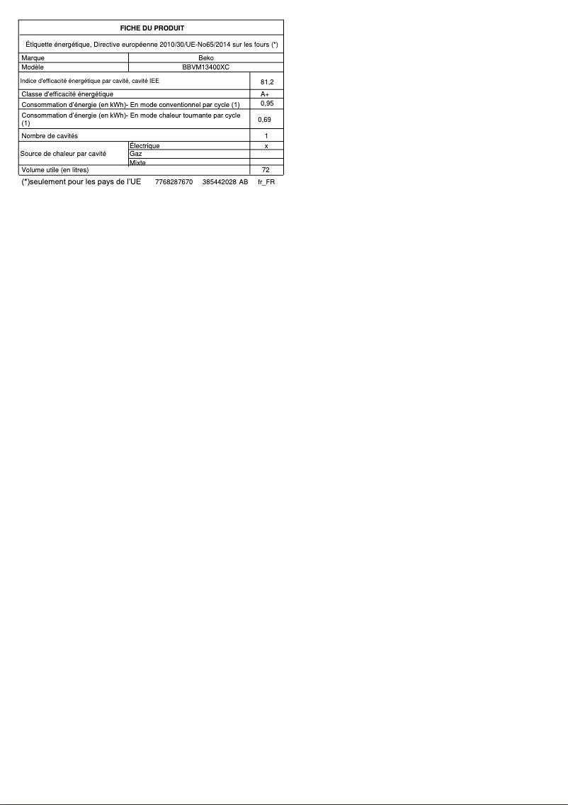 Página 1 del manual Ficha técnica Beko BBVM13400XC