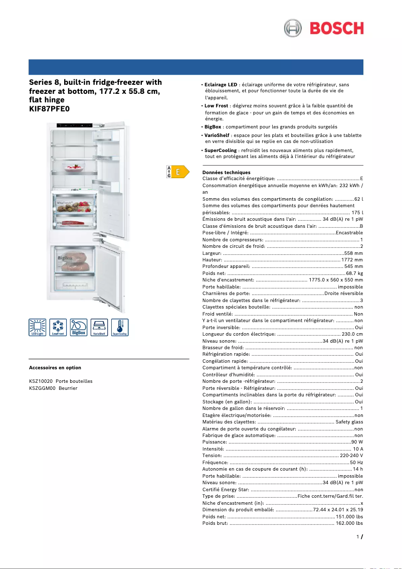 Page n°1 - Fiche technique Bosch KIF87PFE0