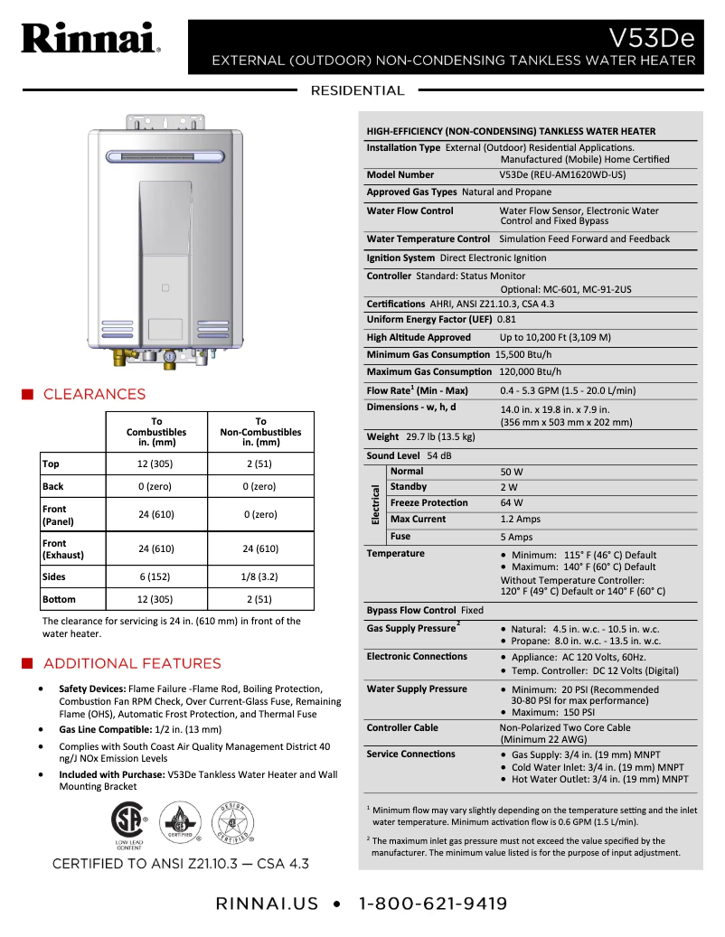 Page n°1 - Fiche technique Rinnai V53DeP