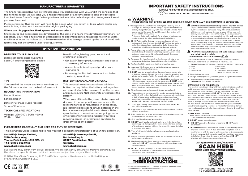 Page 1 de la notice Guide de démarrage rapide Shark FlexBreeze FA220UK