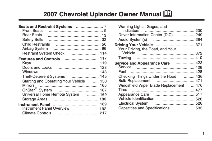 Page 1 de la notice Manuel utilisateur Chevrolet Uplander (2005)