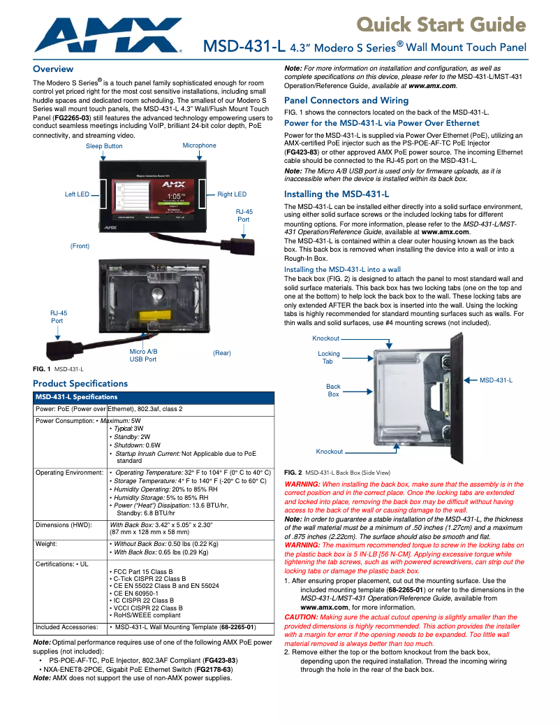 Page n°1 - Manuel utilisateur AMX Modero MSD-431-L