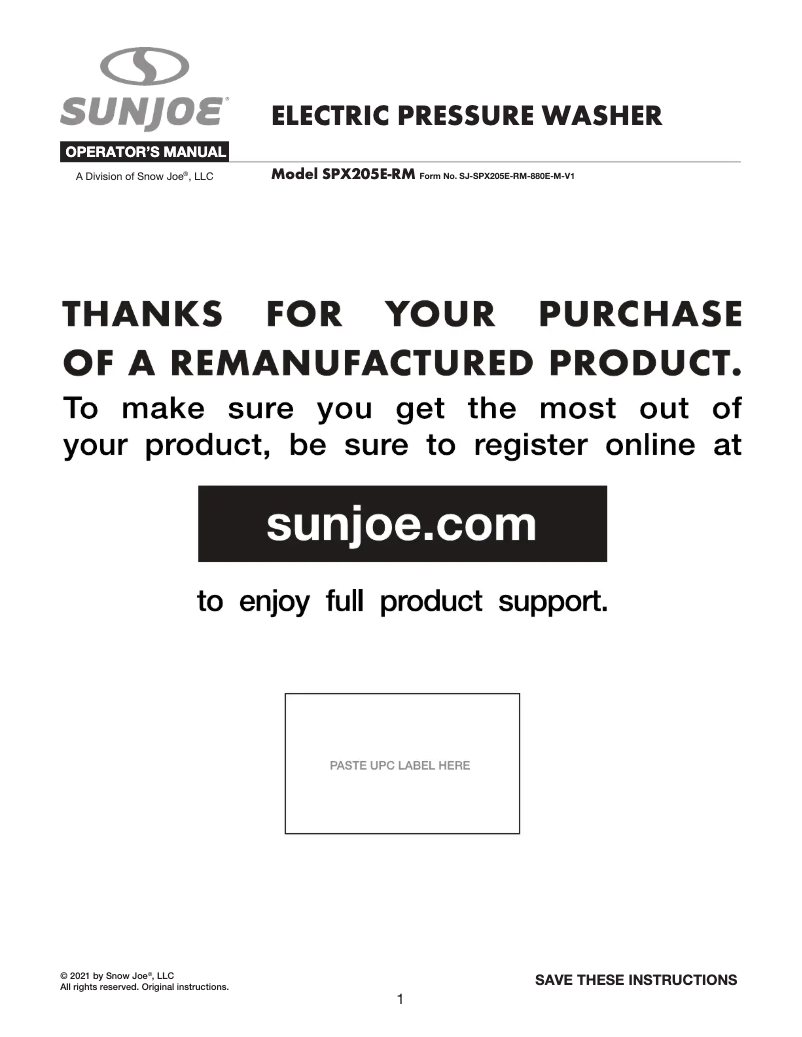Page 1 de la notice Manuel utilisateur Sun Joe SPX205E-RM