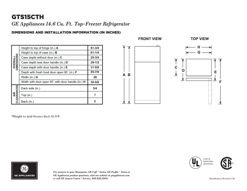 Page 1 of the manual Technical Sheet GE GTS15CTHLWW