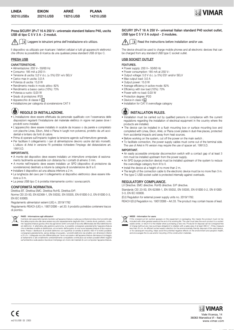 Page 1 de la notice Manuel utilisateur Vimar 30210.USBB