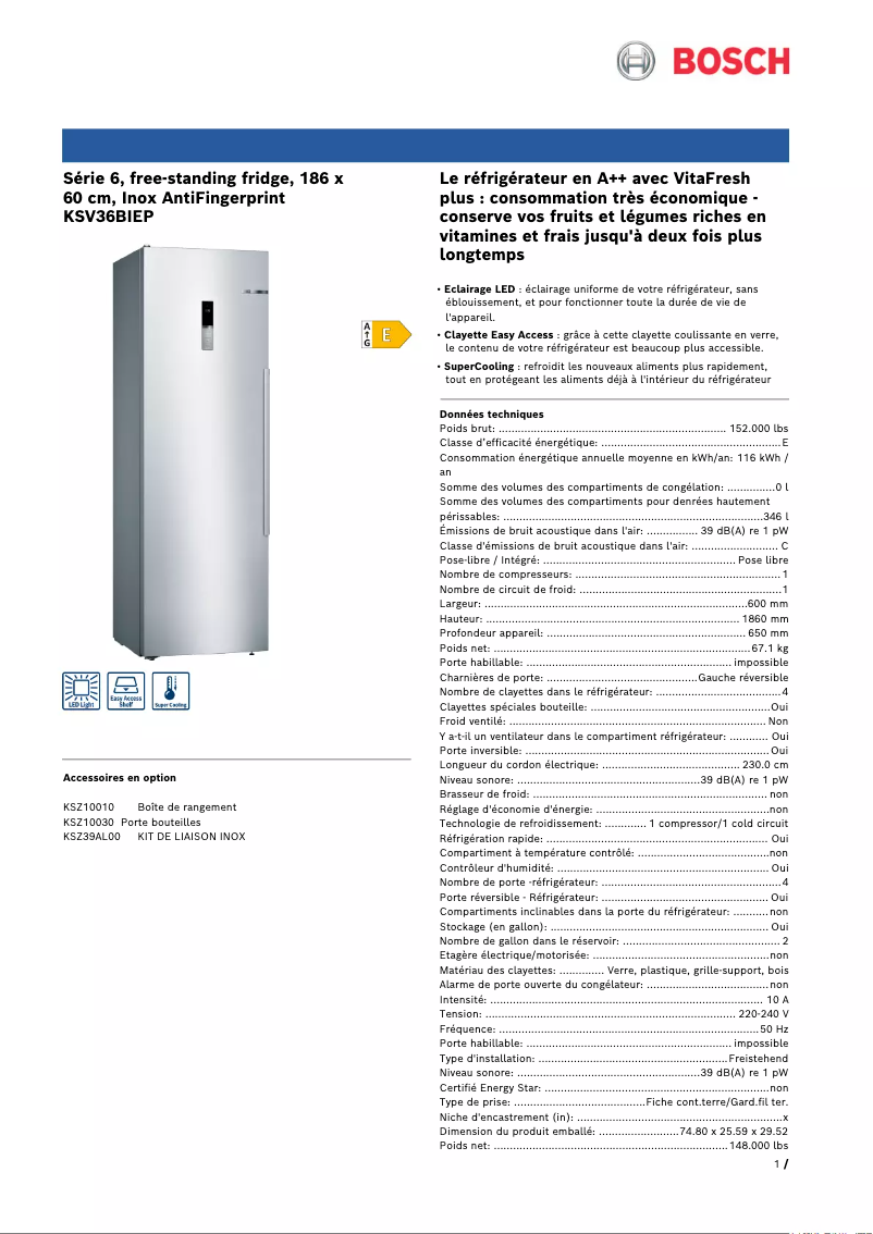 Página 1 del manual Ficha técnica Bosch KSV36BIEP