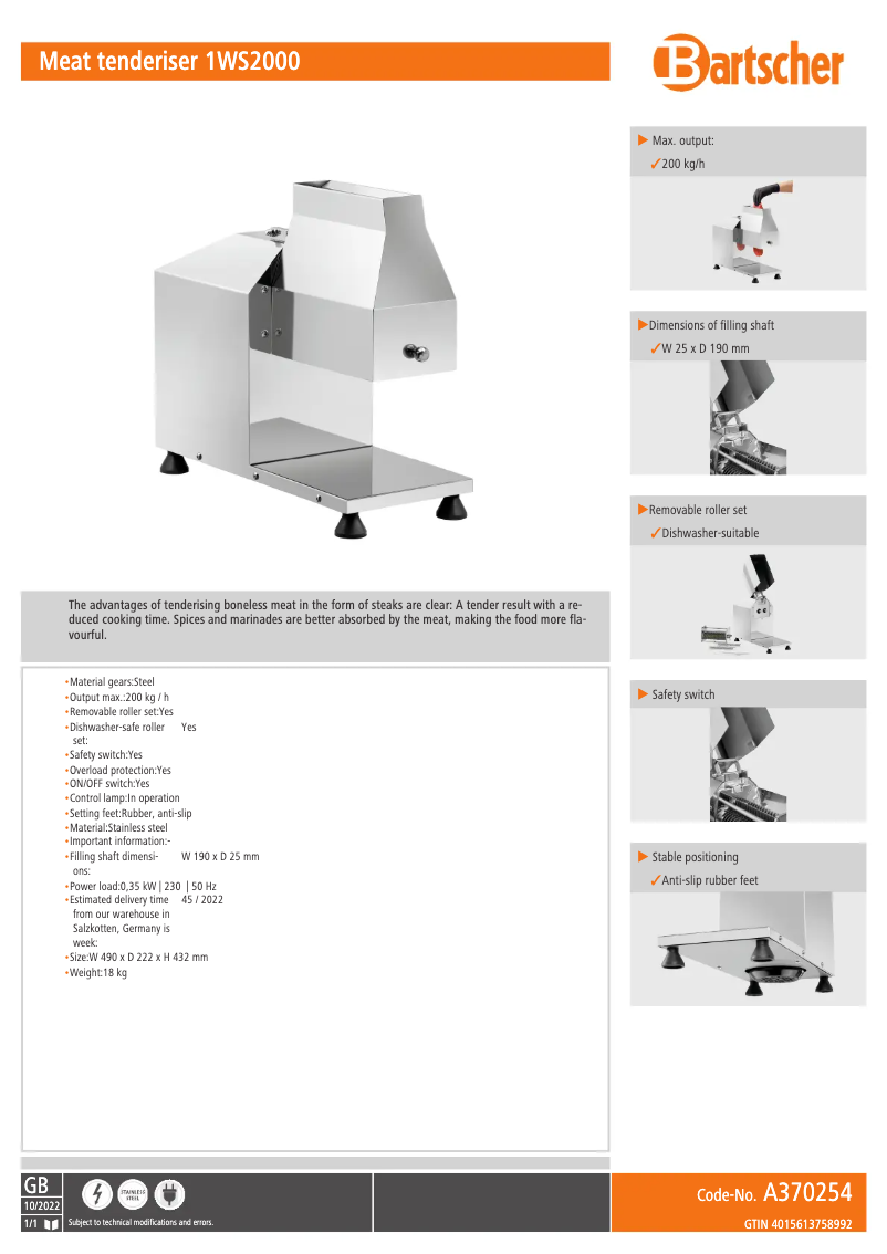 Page 1 de la notice Fiche technique Bartscher 1WS2000