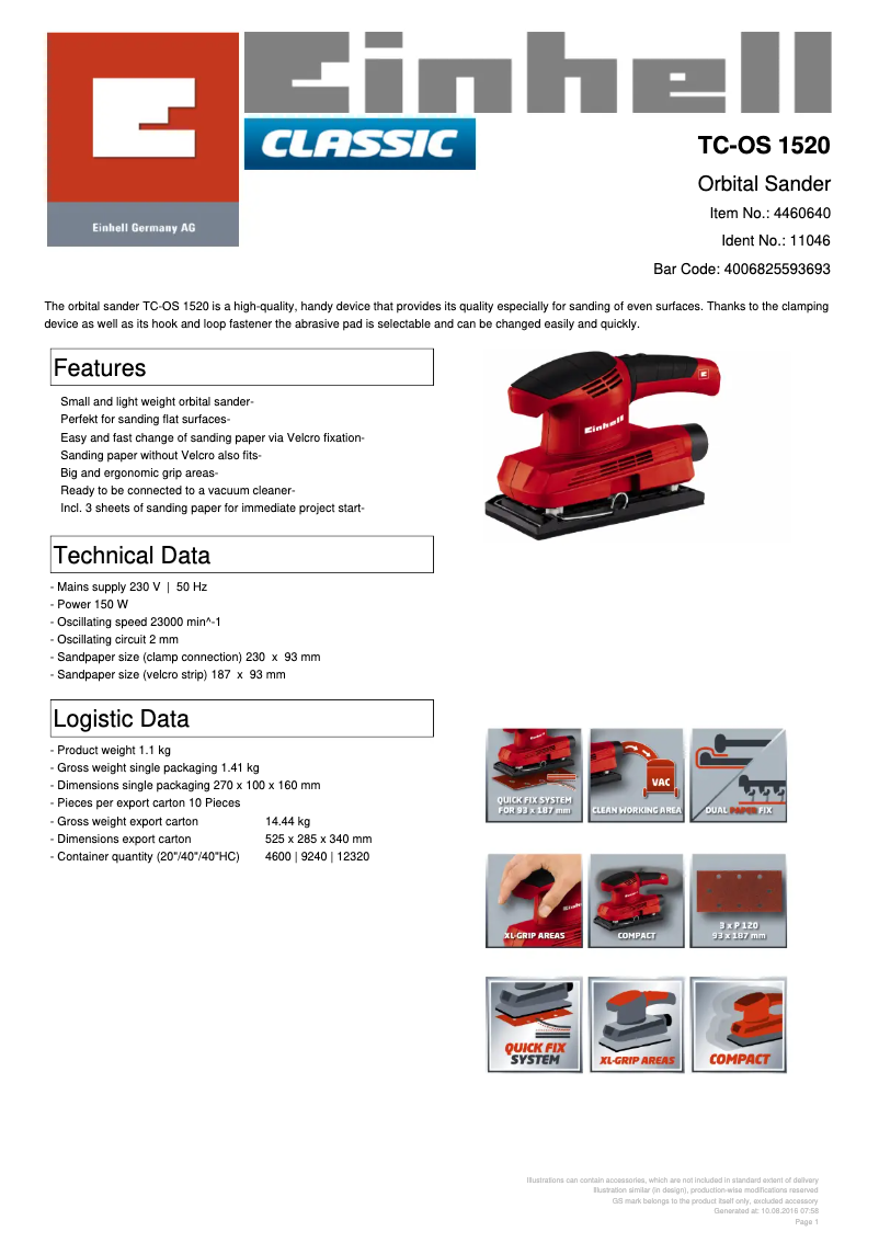 Página 1 del manual Ficha técnica Einhell TC-OS 1520