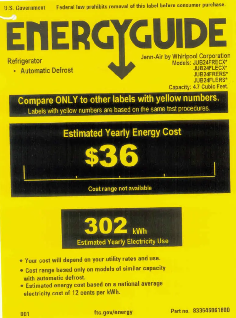 Page 1 de la notice Label énergétique JennAir JUB24FLERS