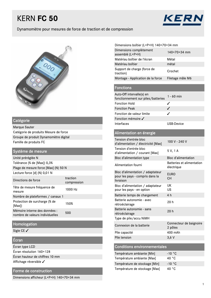 Page 1 de la notice Fiche technique Kern FC 50