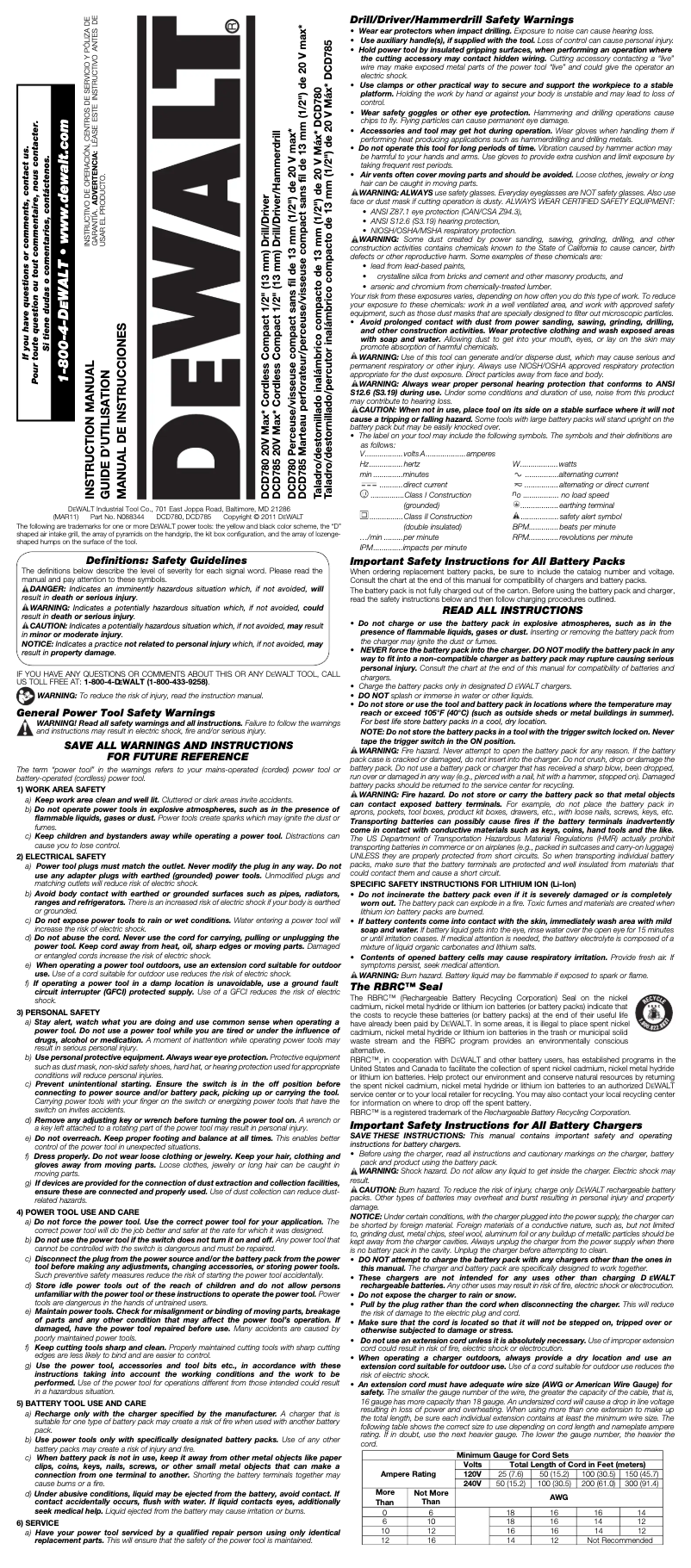 Page 1 de la notice Manuel d'utilisation et d'entretien DeWalt DCD780