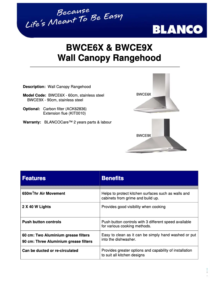 Page 1 de la notice Fiche technique BLANCO BWCE9X