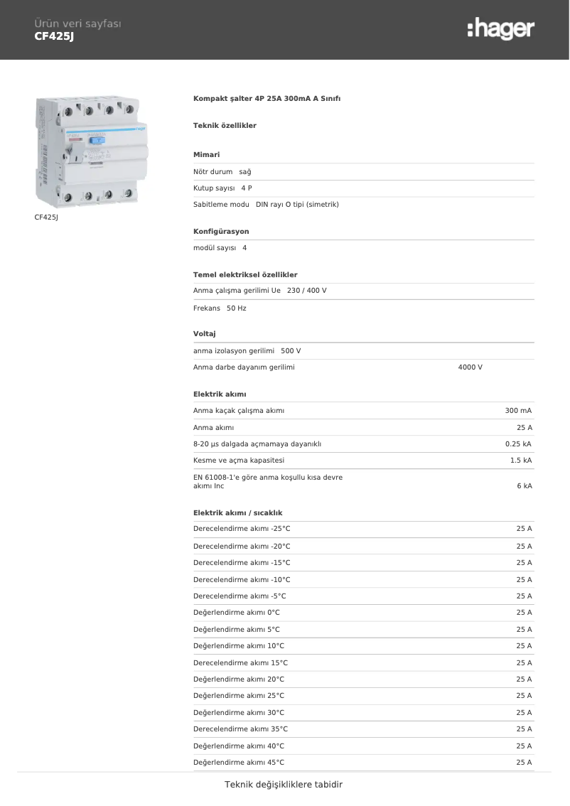 Page n°1 - Fiche technique Hager CF425J