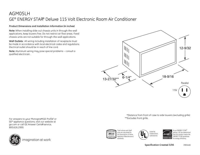 Página 1 del manual Ficha técnica GE AGM05LH