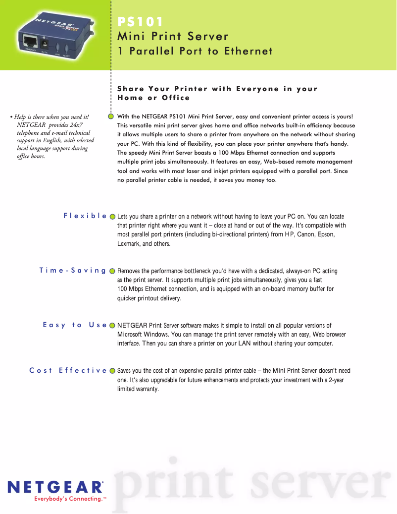 Page 1 de la notice Fiche technique Netgear PS101