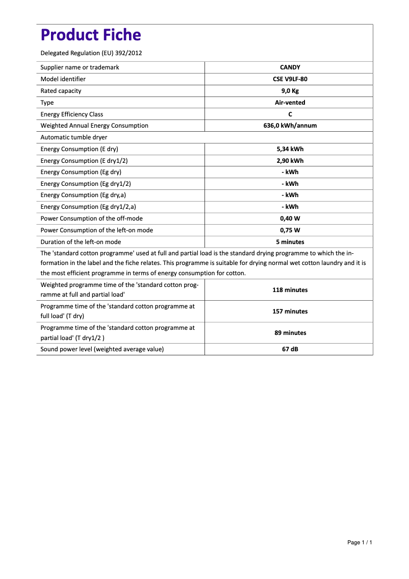 Page 1 de la notice Fiche technique Candy CSE V9LF-80
