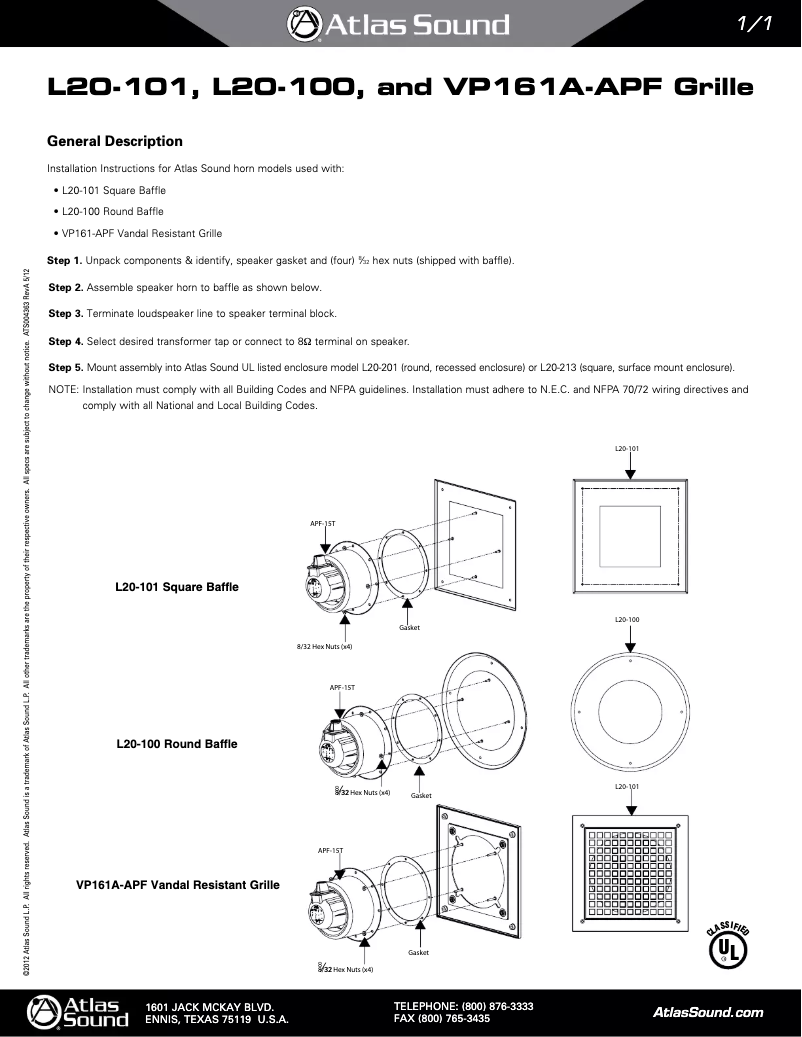 Page n°1 - Manuel utilisateur Atlas Sound L20-101