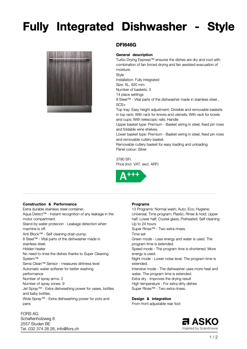 Page 1 de la notice Fiche technique Asko DFI646G