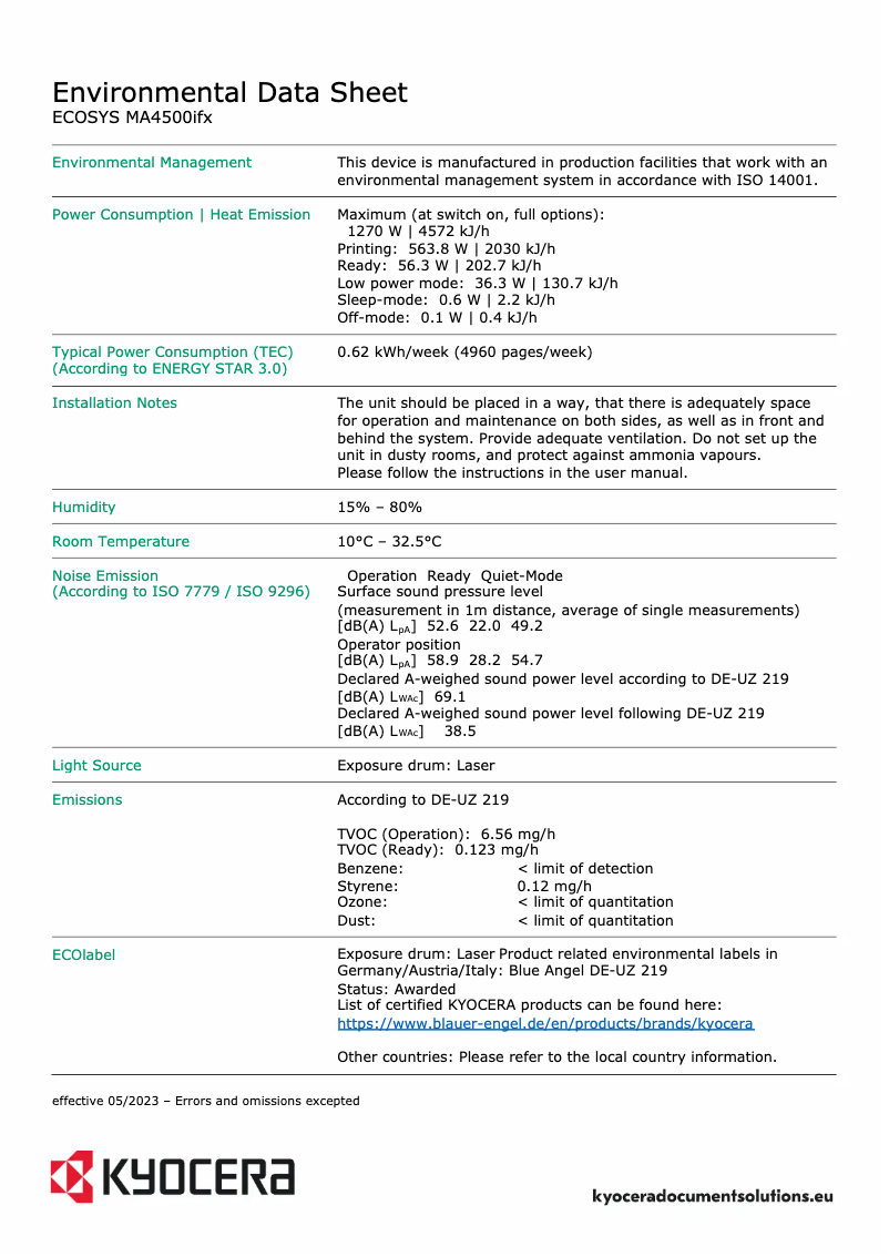 Page 1 de la notice Fiche technique Kyocera ECOSYS MA4500ifx