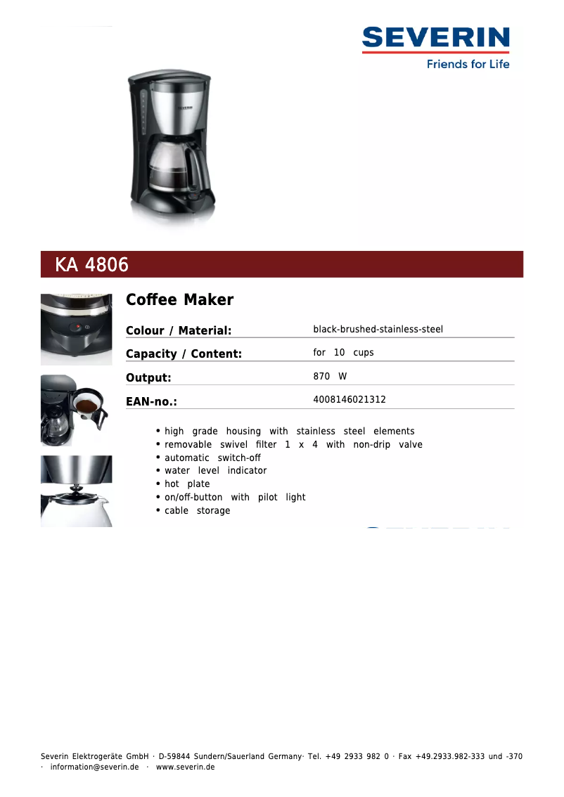Page 1 de la notice Fiche technique Severin KA 4806