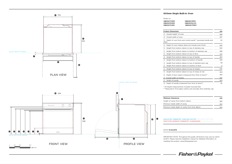 Page 1 de la notice Fiche technique Fisher & Paykel OB60SC7LEX1