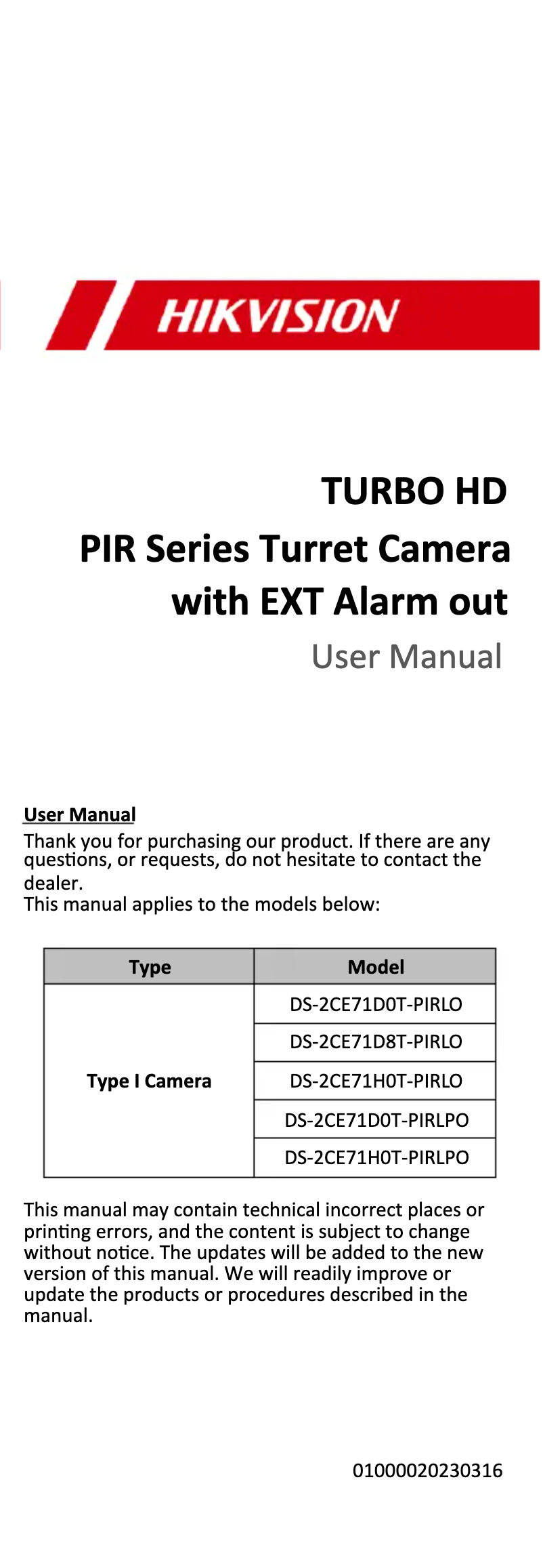 Page 1 de la notice Manuel utilisateur Hikvision DS-2CE71H0T-PIRLPO