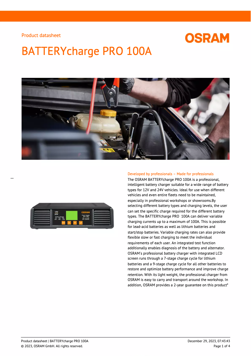 Page n°1 - Fiche technique Osram BATTERYcharge PRO 100A