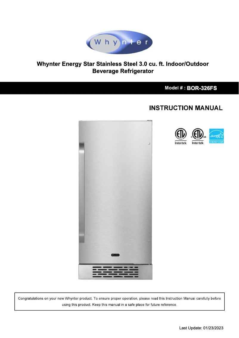 Page 1 de la notice Manuel utilisateur Whynter BOR-326FS