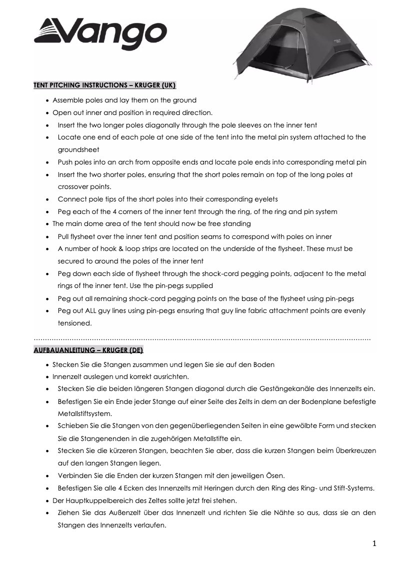 Page n°1 - Manuel utilisateur Vango Kruger 300