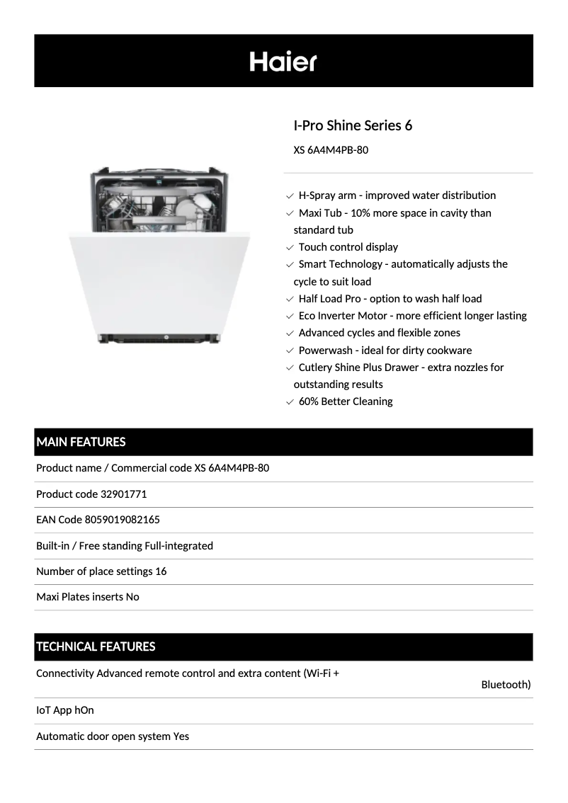 Page 1 de la notice Fiche technique Haier XS 6A4M4PB