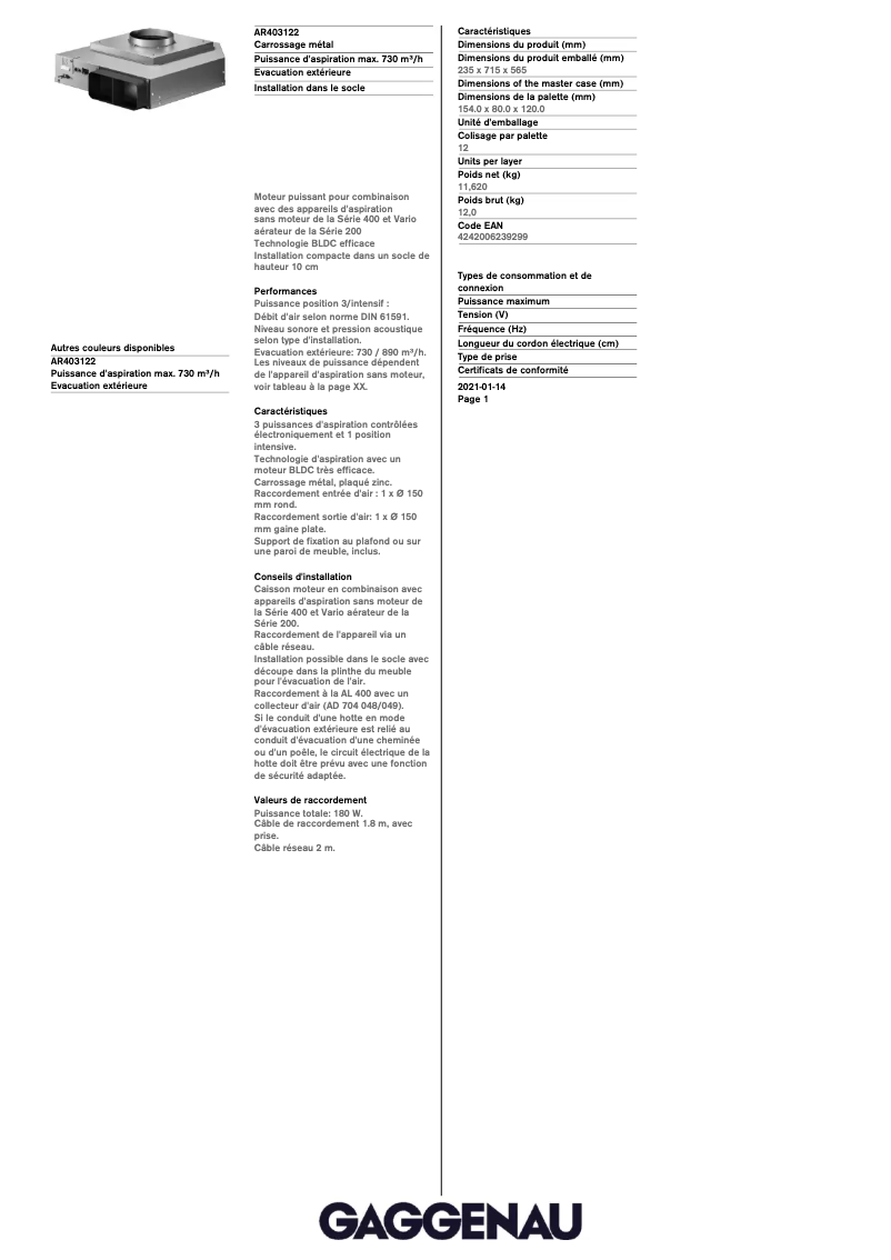 Page 1 de la notice Fiche technique Gaggenau AR403122