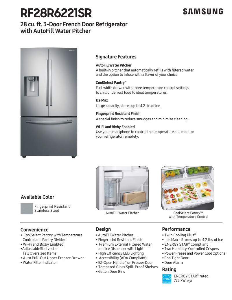 Page 1 de la notice Fiche technique Samsung RF28R6221SR