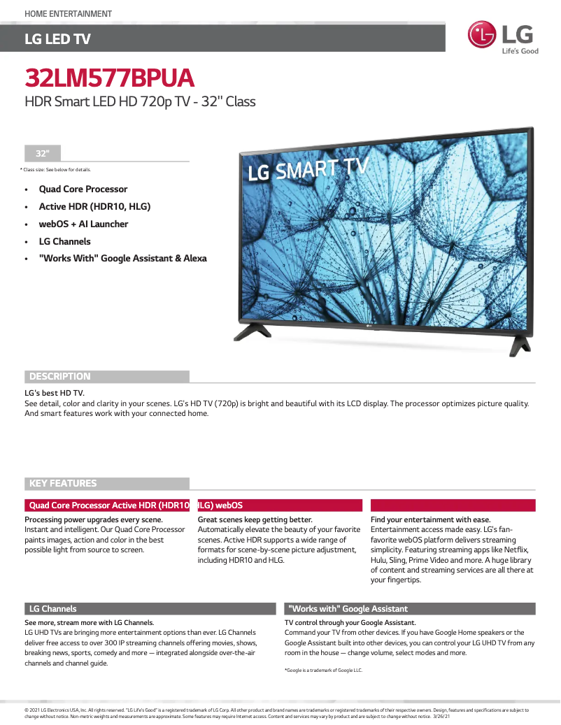 Page 1 de la notice Fiche technique LG 32LM577BPUA