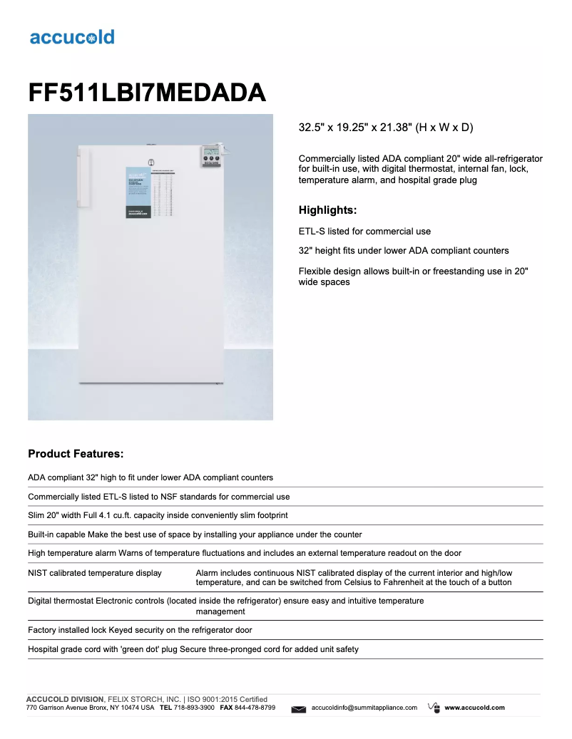 Page n°1 - Fiche technique Summit Accucold FF511LBI7MEDADA