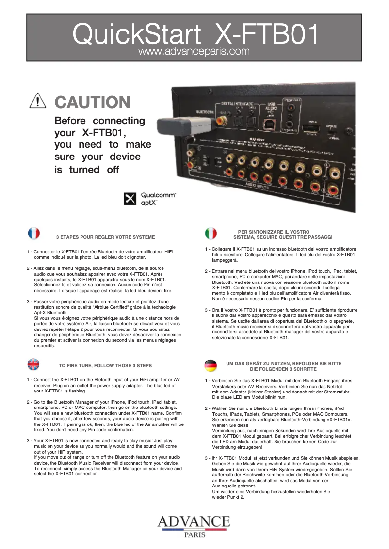 Page n°1 - Manuel utilisateur Advance X-FTB01
