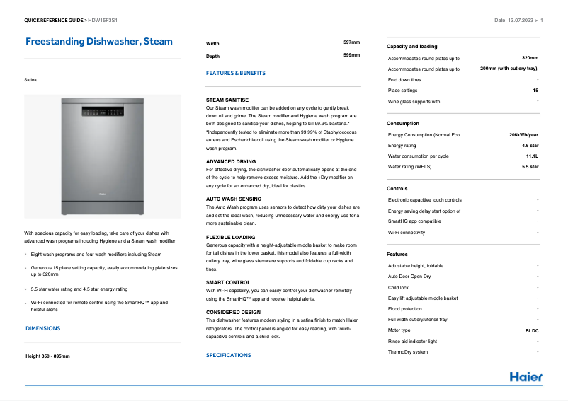 Page n°1 - Label énergétique Haier HDW15F3S1