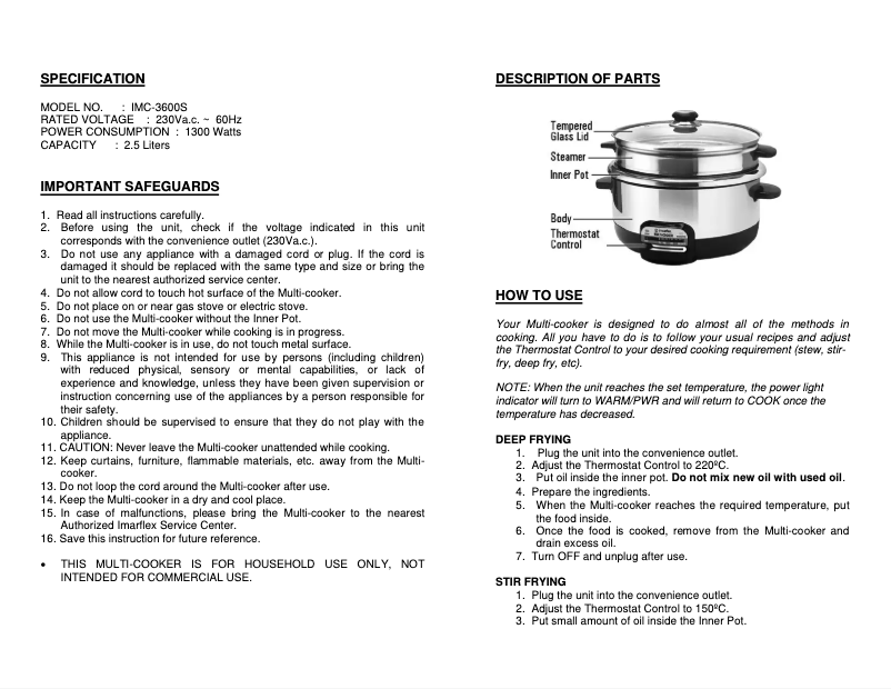 Page 1 de la notice Manuel utilisateur Imarflex IMC-3600S