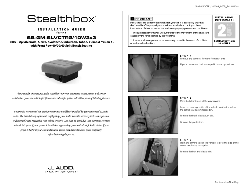 Page 1 de la notice Guide d'installation JL Audio Stealthbox SB-GM-SLVCTR2/10W3v3/DG