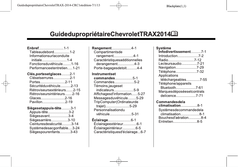 Page 1 de la notice Manuel utilisateur Chevrolet Trax (2014)