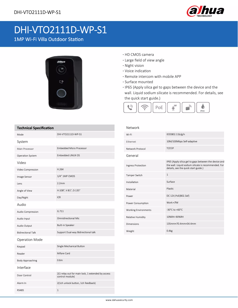 Page 1 de la notice Fiche technique Dahua Technology VTO2111D-WP-S1