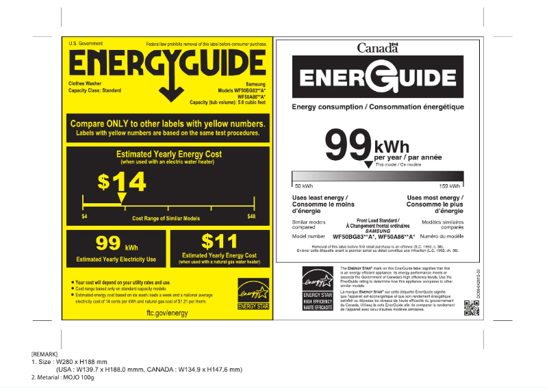 Page 1 de la notice Label énergétique Samsung WF50BG8300AE