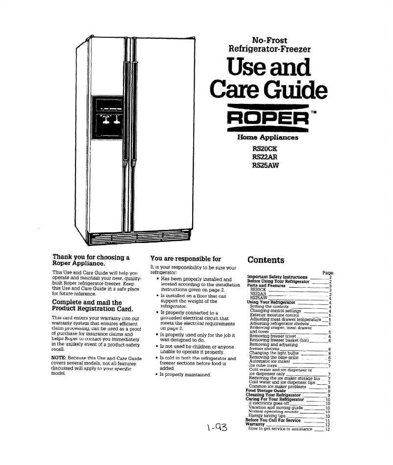 Page n°1 - Manuel utilisateur Roper RS20CKXXL00