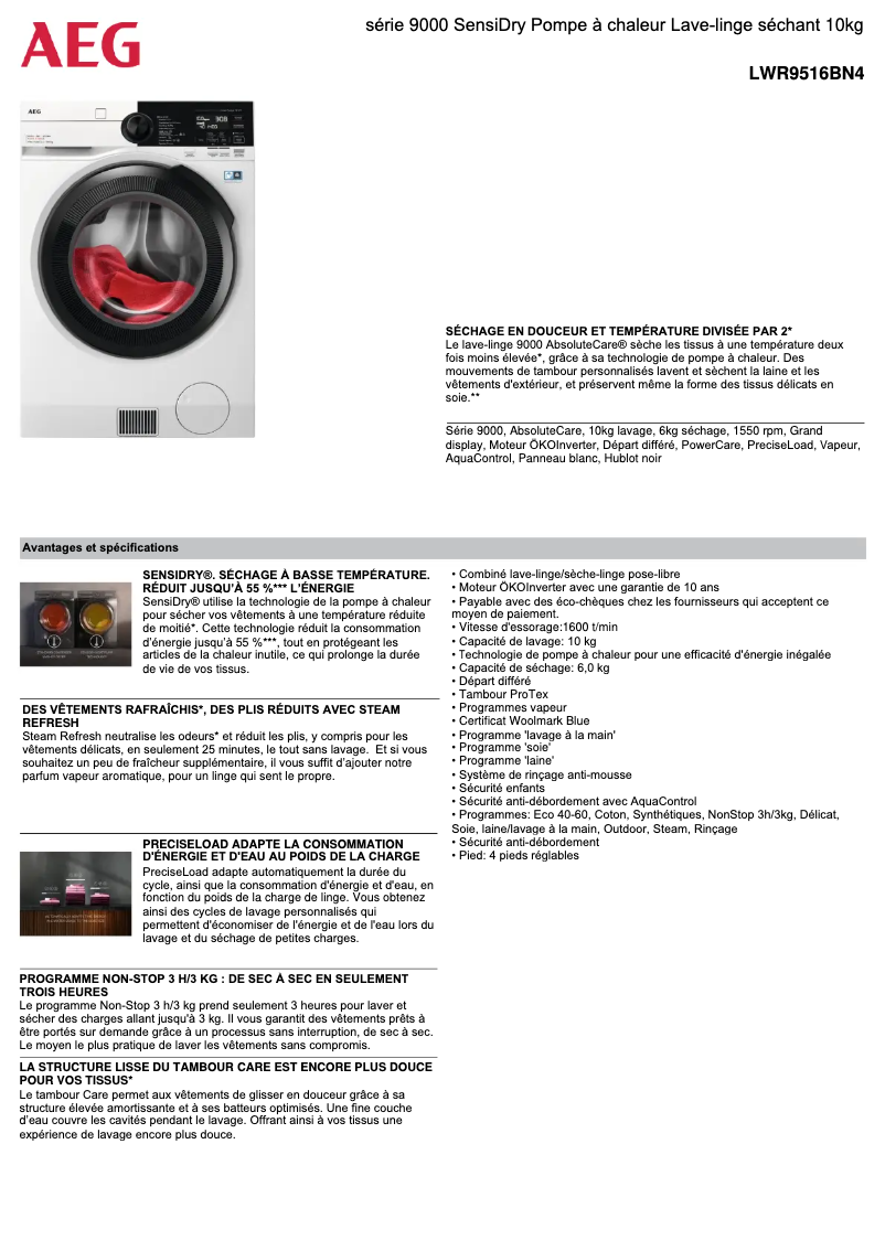 Page 1 de la notice Fiche technique AEG LWR9516BN4