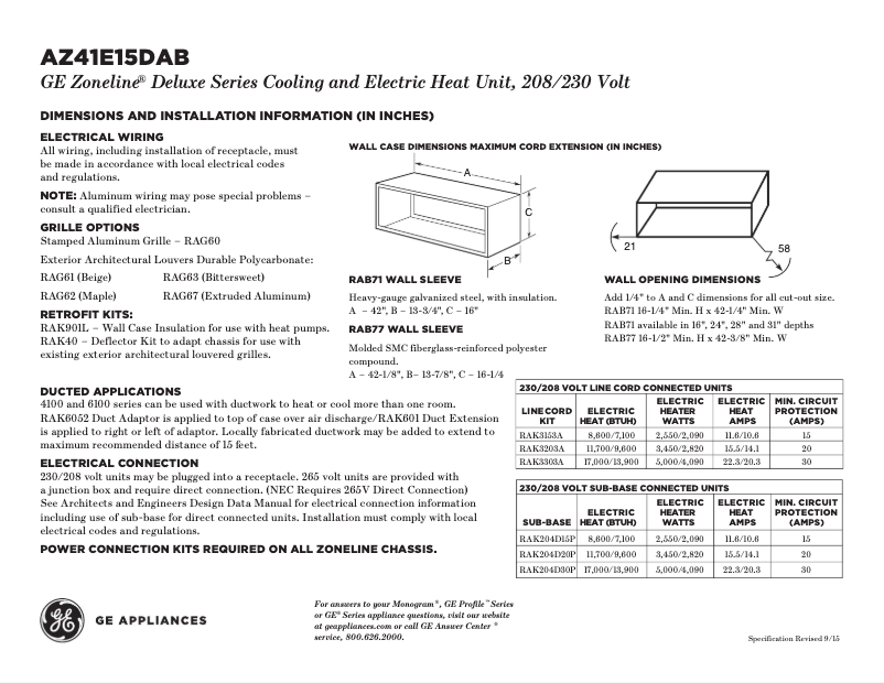 Page 1 of the manual Technical Sheet GE AZ41E15DAB