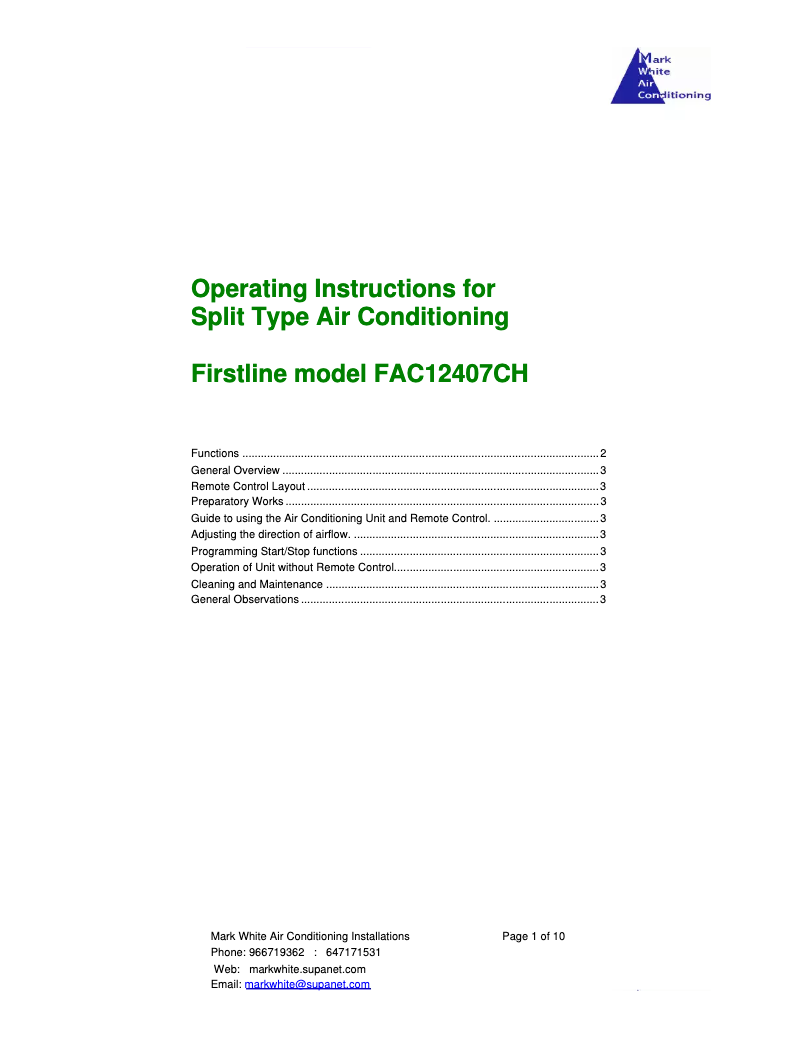 Image de la première page du manuel de l'appareil FAC12407CH