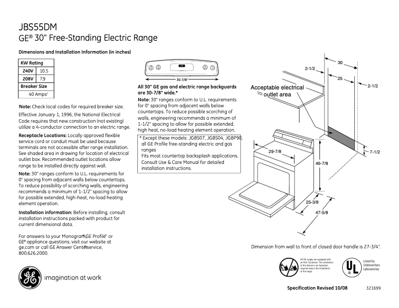 Page 1 of the manual Technical Sheet GE JBS55DMCC