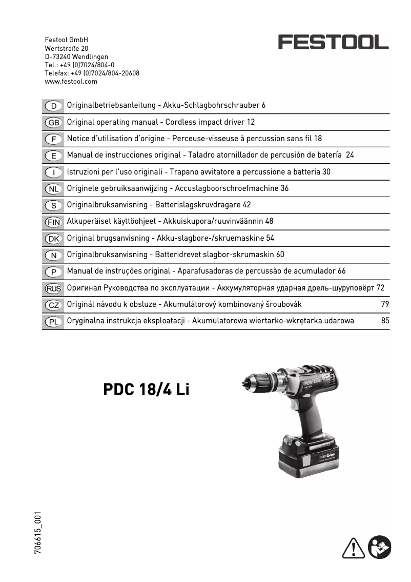 Page n°1 - Manuel utilisateur Festool PDC 18/4 Li