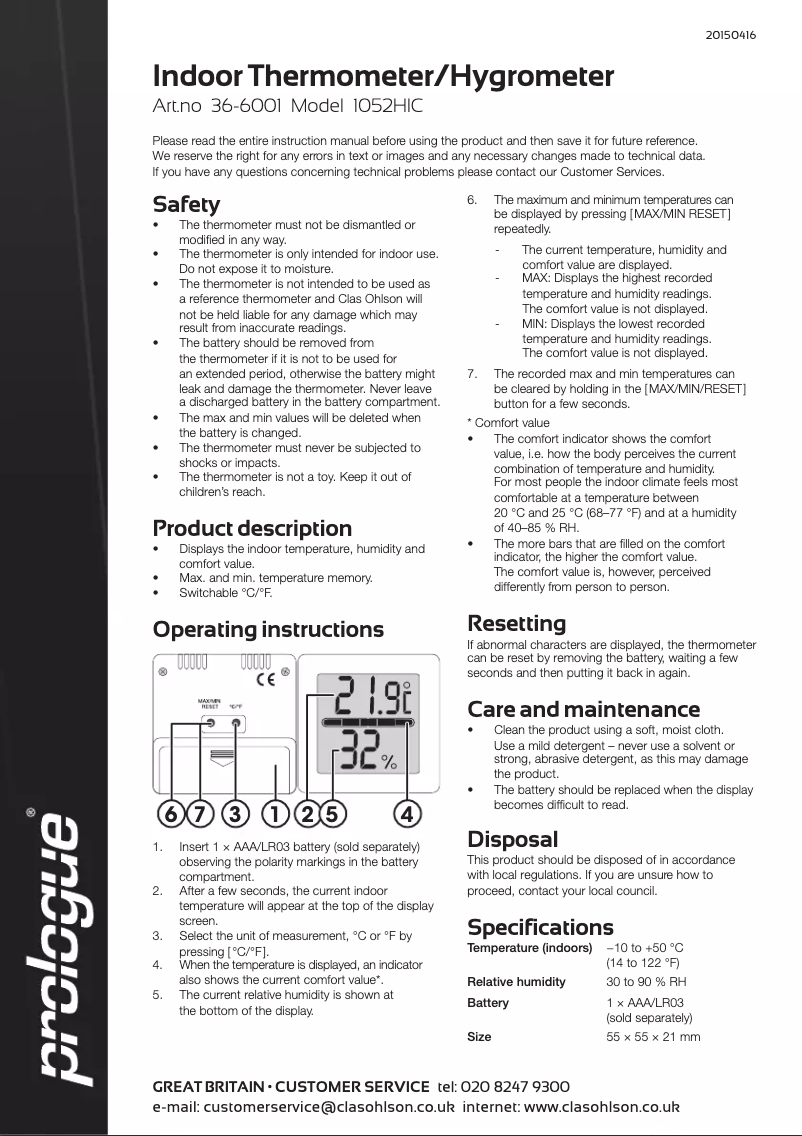 Page 1 de la notice Manuel utilisateur Prologue 1052HIC