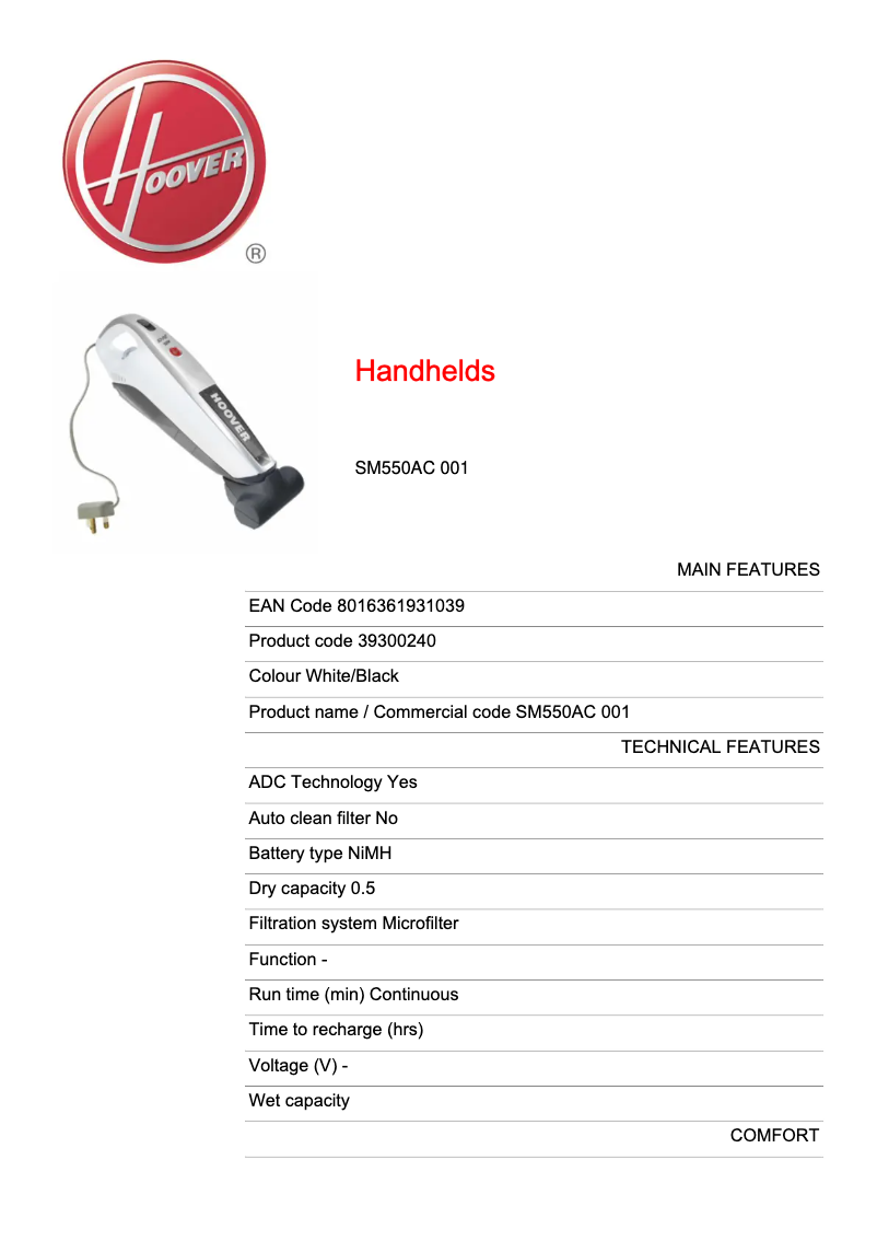 Page 1 de la notice Fiche technique Hoover Jovis Plus