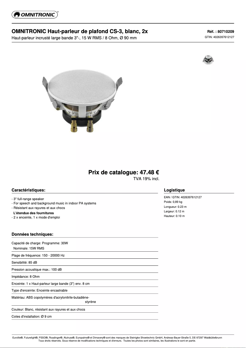 Page 1 de la notice Fiche technique Omnitronic CS-3